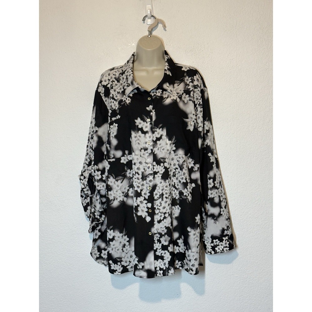 Calvin Klein Womens Shirt 3X Black White Floral Roll Tab Button Blouse Top NWT